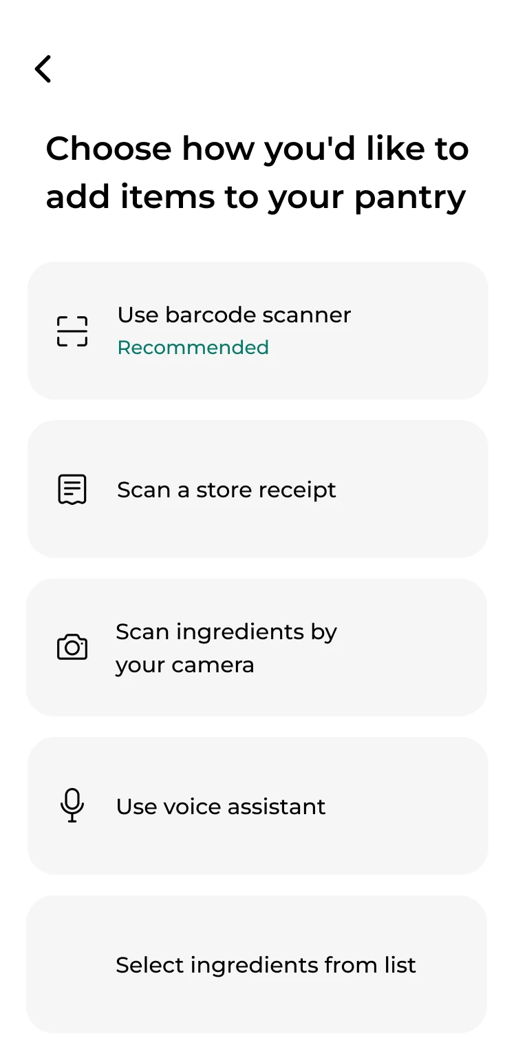 PantryLab's scherm om items toe te voegen: barcode scannen, kassabon scannen, camera, spraak en handmatig invoeren